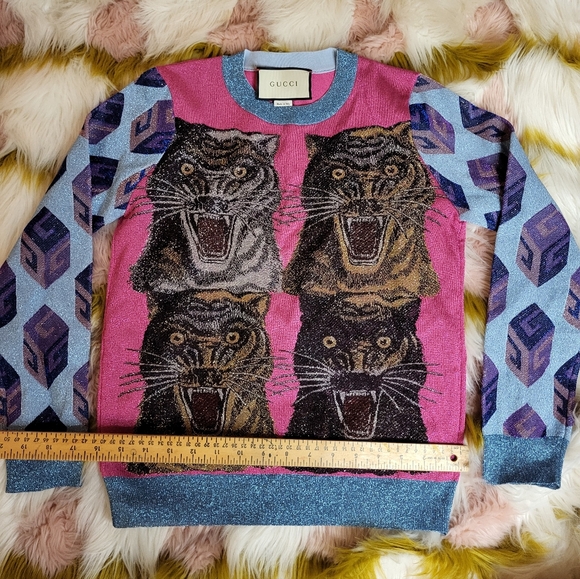 Gucci Blue Pink Tiger Patterned Lure Sweater Pullover Sx Cat Panther Garden - Picture 2 of 7